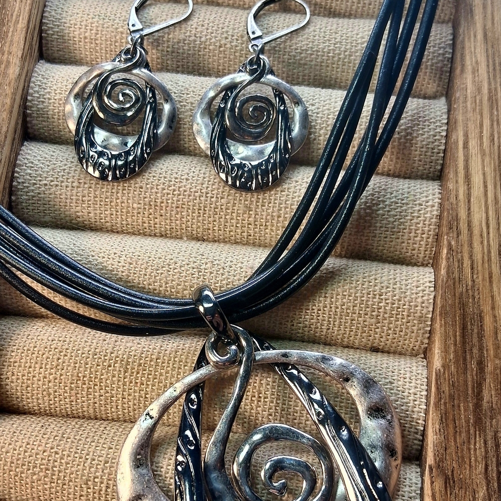 Silver-Tone Spiral Pendant Necklace with Black Multi-Strand Cord